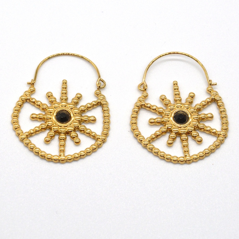 Dames vergulde sieraden bohemien stijl vintage bloemen zwarte agaat oorbellen China Ruifanbao sieraden verwerkingsfabriek