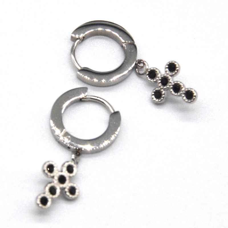 Zilveren kruis oorbellen Cubic Zirconia nagel instelling kleine cirkel oorbellen bungelende kruis unisex China Ruifanbao sieraden verwerking fabriek